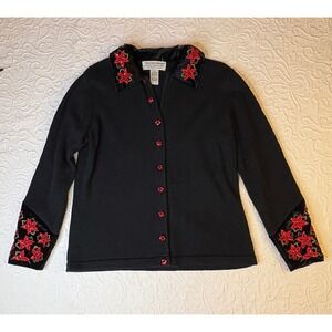 Tiara VTG Christmas Collection '04 Black Poinsettia Cardigan Sweater Women S/M